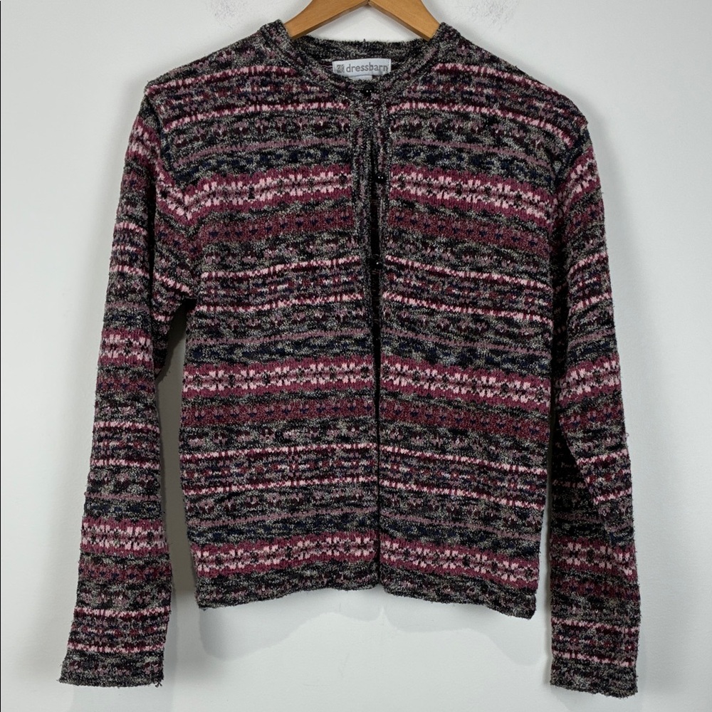 dressbarn Women’s Large Cardigan Black Pink Soft 90s Stripe Crew Neck